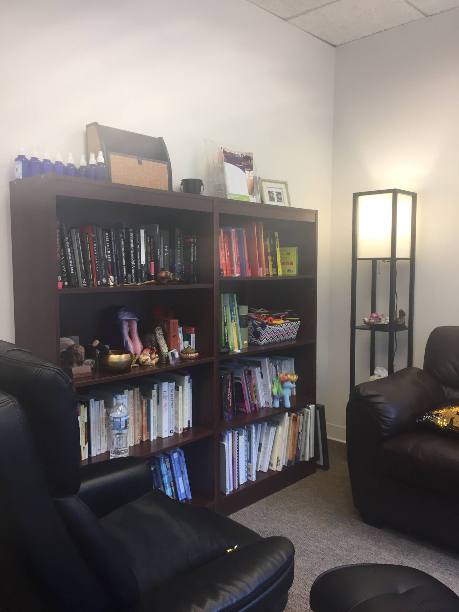Waiting area of The Pincus Center at 2873 Duke Street, Alexandria VA, with rainbow rug and welcome mat, sequin pillows on a black leather couch, and a rainbow bead curtain leading to the kitchen.